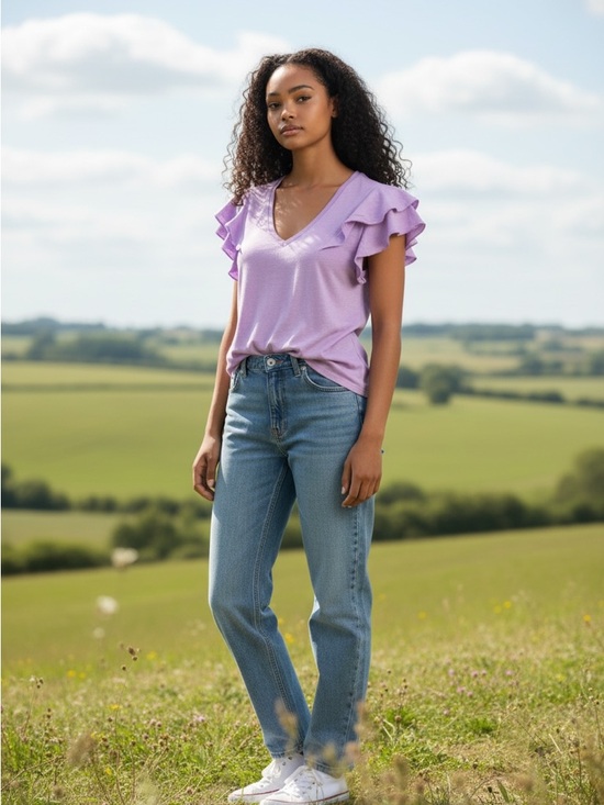 Buffalo David Bitton Tops - Buffalo David Bitton Lilac Ruffle Sleeve V-Neck Tee
